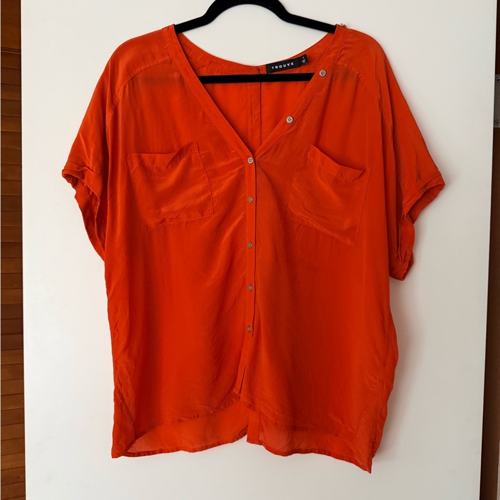 Trouve Bright Orange V-Neck Button Front Blouse